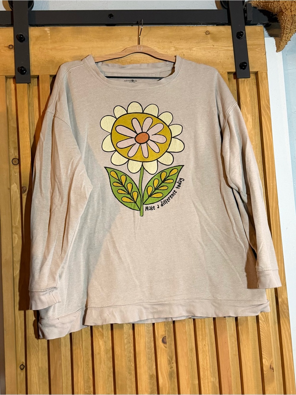 NATURAL LIFE Beige Graphic Flower Sweatshirt with Green Leaves